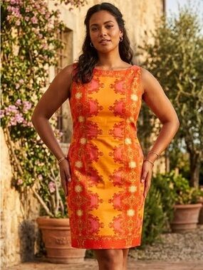 Jones New York Orange Pink Floral Sheath Dress Midi Y2K Wedding Summer Preppy 16